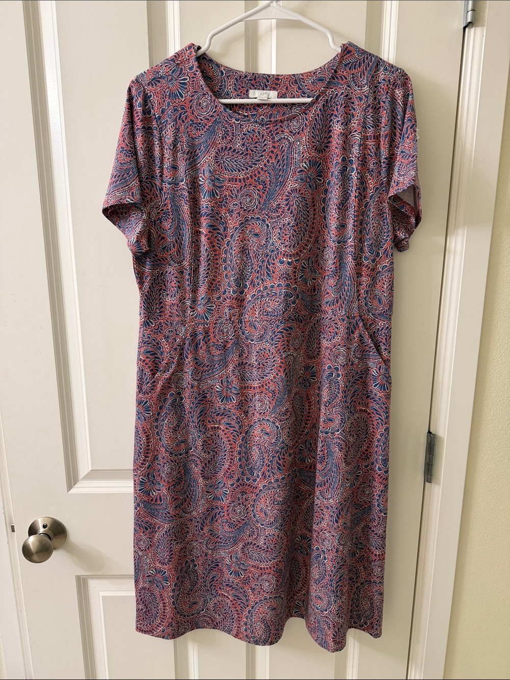 J. Jill Pink and Navy Paisley Short-Sleeve Midi Dress